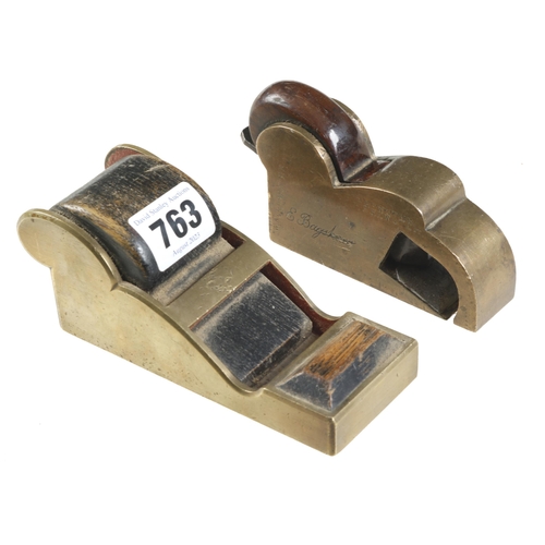 763 - A brass bullnose plane with mahogany wedge and a brass chariot plane with ebonised wedge G