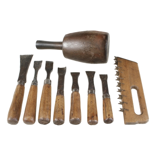 769 - A stonemason's French maul, 7 chisels and a rounding shave G+