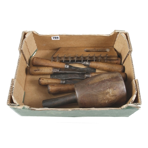 769 - A stonemason's French maul, 7 chisels and a rounding shave G+