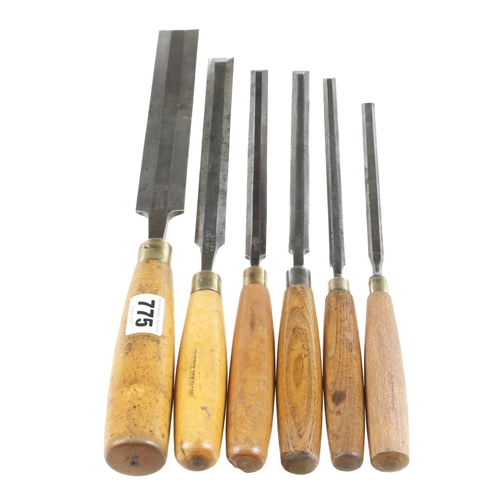 775 - Six long bevel edge paring chisels by SORBY G+