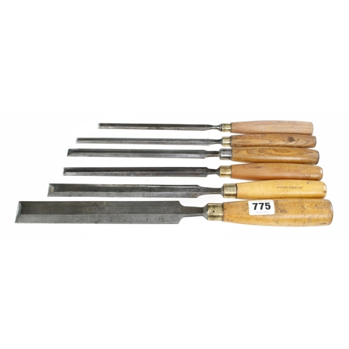 775 - Six long bevel edge paring chisels by SORBY G+