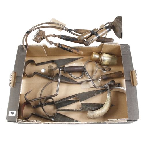 78 - Three pairs of sheep shears, two pig scrapers, bag hooks etc G