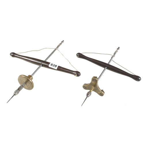 839 - Two jeweller's pump drills with differing brass flywheels and rosewood cross bars G+