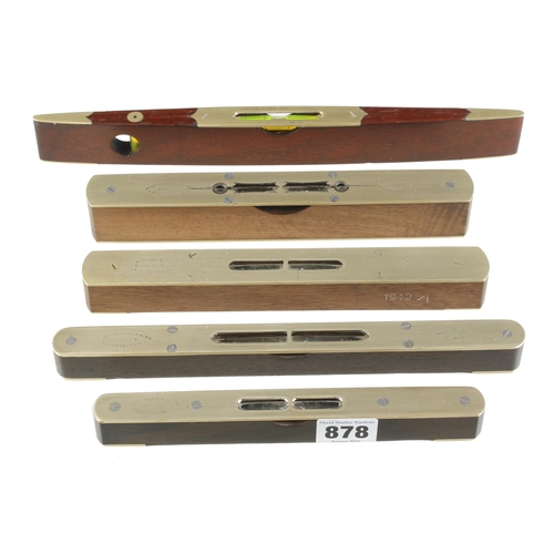 878 - Five different refurbished brass topped rosewood levels by RABONE 8