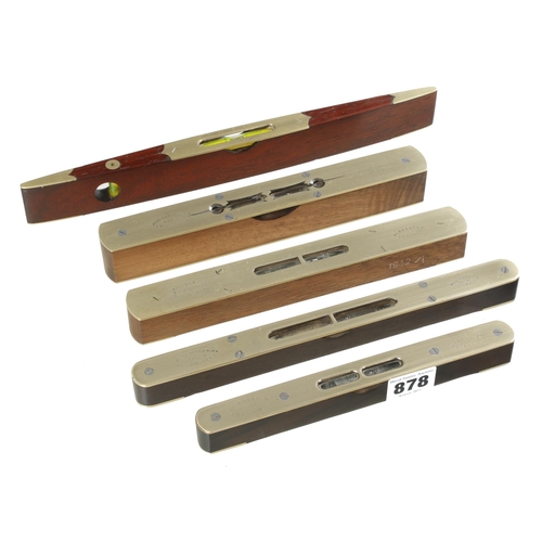 878 - Five different refurbished brass topped rosewood levels by RABONE 8