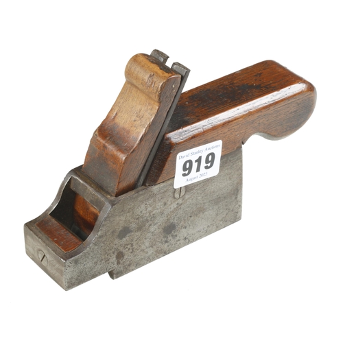 919 - A unusual iron chamfer plane with adjustable fence and mahogany infill and handle, probably workshop... 