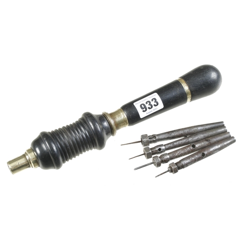 933 - An ebony and brass bow drill, undoubtedly by Buck, unusually with a set of 4 bit holders G