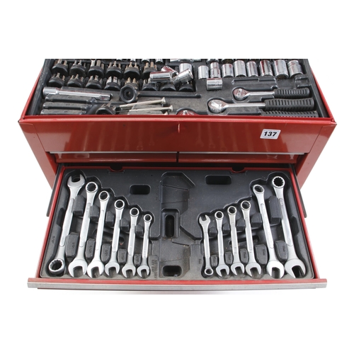 137 - A 5 drawer steel tool box with various sockets, spanners etc G