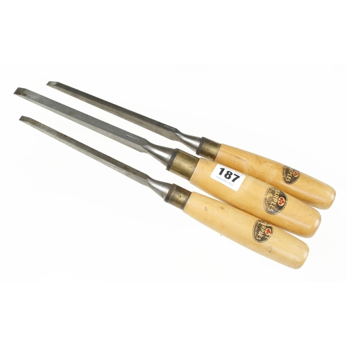 187 - A set of 3 mortice chisels 1/4