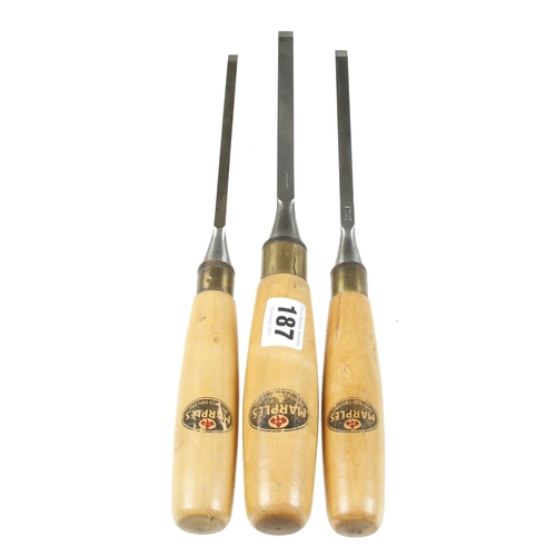 187 - A set of 3 mortice chisels 1/4