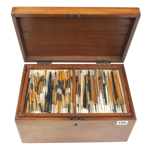 196 - Quantity of drawing and writing pens and instruments in mahogany box G