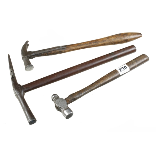 230 - An upholsterer's hammer by W. & C. WYNN ant two other hammers G+