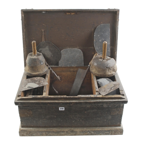 246 - A kit of stonemason's tools inc. chisels, drags, saw and mallet in pine chest 26