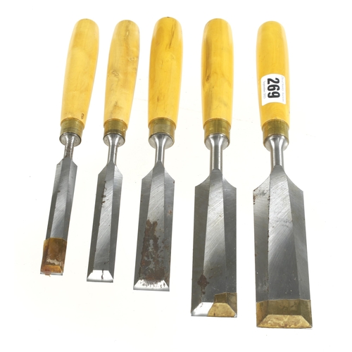 269 - A set of 5 unused bevel edge chisels 5/8