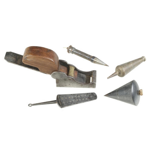 271 - A steel chariot plane, screw plate and 3 plumb bobs G