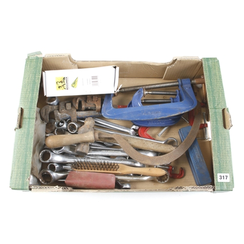 317 - Four G cramps, quantity of spanners, wrench etc G