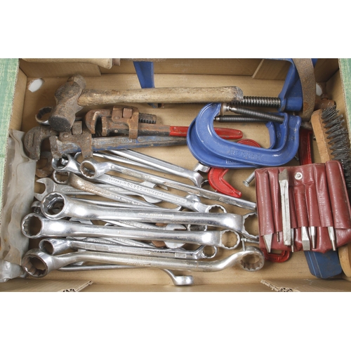 317 - Four G cramps, quantity of spanners, wrench etc G