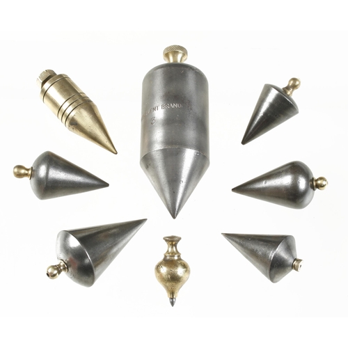 72 - Six steel and two brass plumb bobs G+