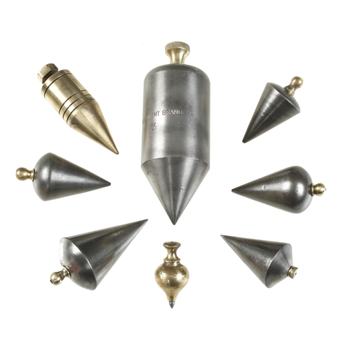 72 - Six steel and two brass plumb bobs G+