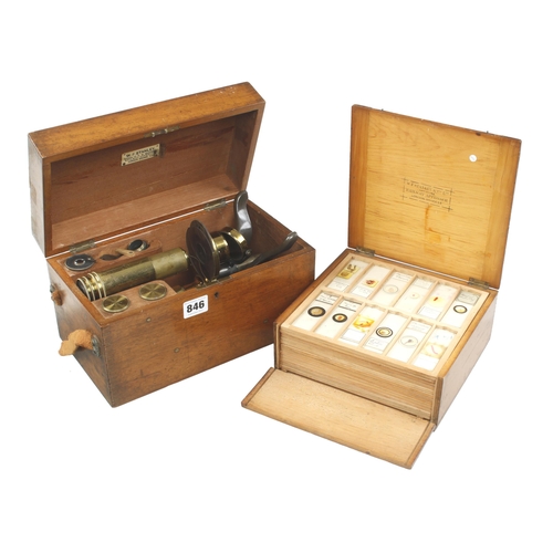 846 - A compound microscope by STANLEY London with various lenses in orig fitted mahogany box t/w a cased ... 