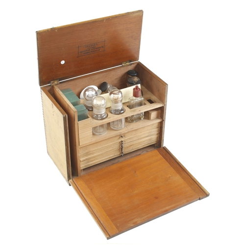 846A - Numerous slides in orig fitted pine box in 10 sliding drawers t/w 8 empty glass bottles with cavity ... 