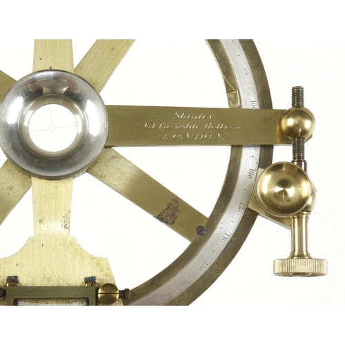 852 - A circular brass protractor by STANLEY London with folding pins and rack and pinion adjustment in fi... 