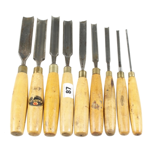 87 - Nine gouges with boxwood handles G+