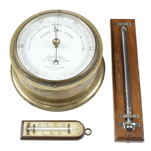 70 - A brass cased aneroid barometer and two thermometers all by NEGRETTI & ZAMBRA G+