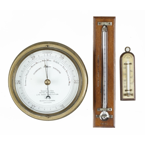 70 - A brass cased aneroid barometer and two thermometers all by NEGRETTI & ZAMBRA G+