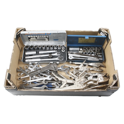 171 - Two small socket sets, spanners, grips etc G