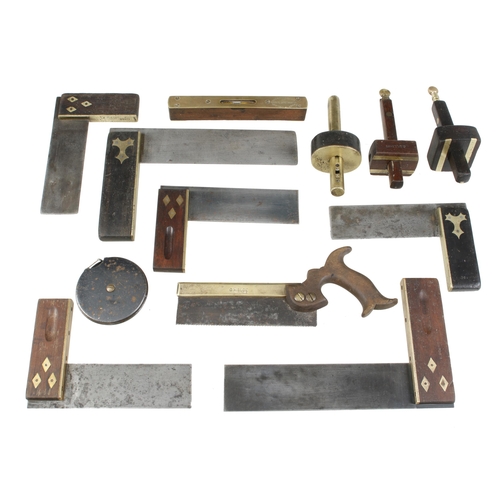 205 - Three mortice gauges, 6 squares, level and saw G