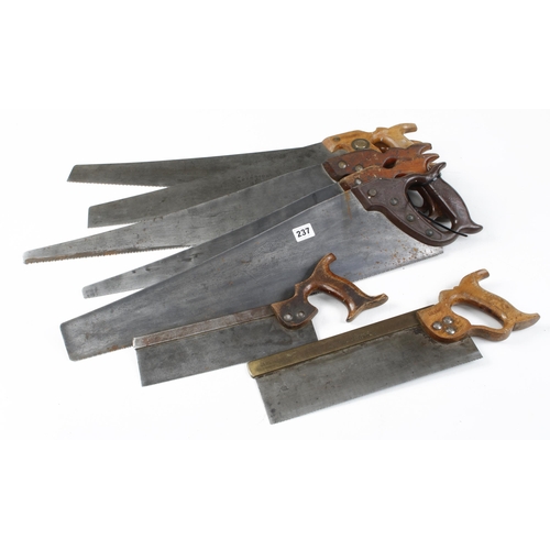 237 - Two well used DISSTON saws, 3 hand saws and two tenon saws G+