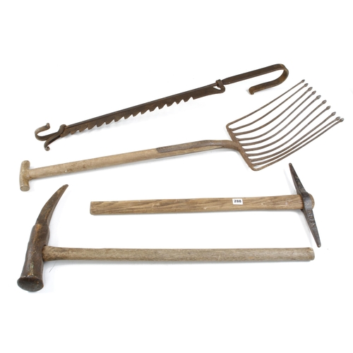 288 - An iron chimney crane, a potato fork and two picks G-