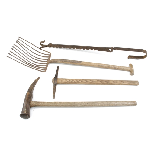 288 - An iron chimney crane, a potato fork and two picks G-