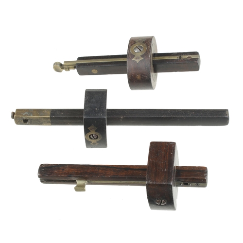 298 - A rosewood and brass mortice gauge by HOWARTH, another and a slitting gauge G+