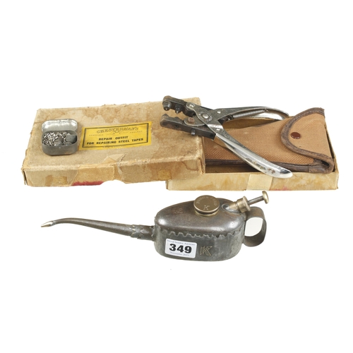 349 - A small KAYE'S oilcan and a CHESTERMAN kit for repairing steel tapes in orig box G+