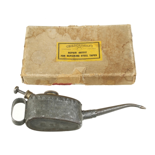 349 - A small KAYE'S oilcan and a CHESTERMAN kit for repairing steel tapes in orig box G+