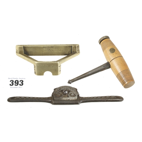 393 - PRESTON tools; brass mitre template, boxwood and brass bit holder and a spokeshave G