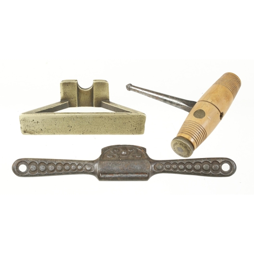 393 - PRESTON tools; brass mitre template, boxwood and brass bit holder and a spokeshave G