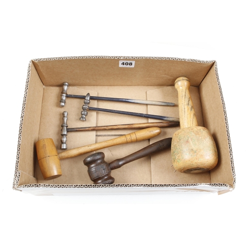 408 - Three small turned hammers and 3 small mallets G