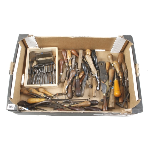 453 - A kit of 68 saddler's or leatherworker's tools incl. shaves, crease, wheel knives, prickers etc G+