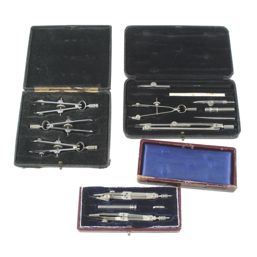 595 - A set of 3 bow compasses a pair of compasses and a small set of drawing instruments all in orig case... 