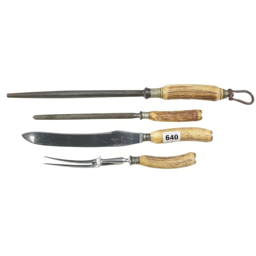 640 - A carving knife and fork and two sharpening steels all with horn handles  G