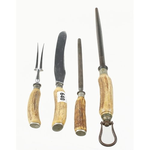 640 - A carving knife and fork and two sharpening steels all with horn handles  G