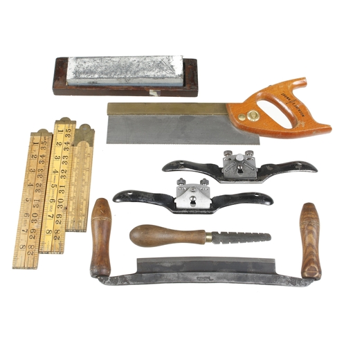 653 - An oilstone, drawknife, 3 oilstones etc G+