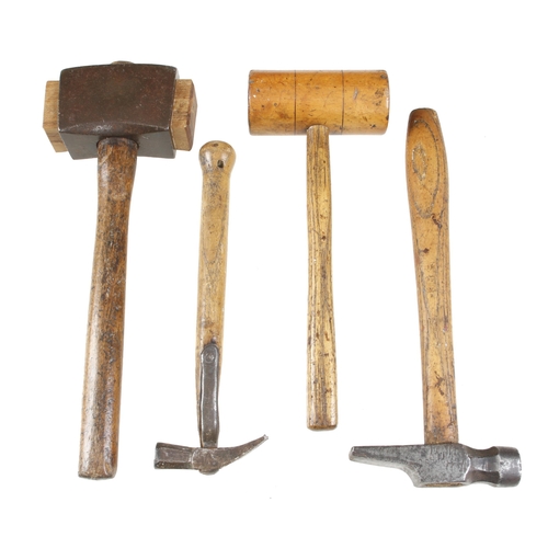 71 - Two mallets a hammer by BRADES and a strapped hammer marked Burton G