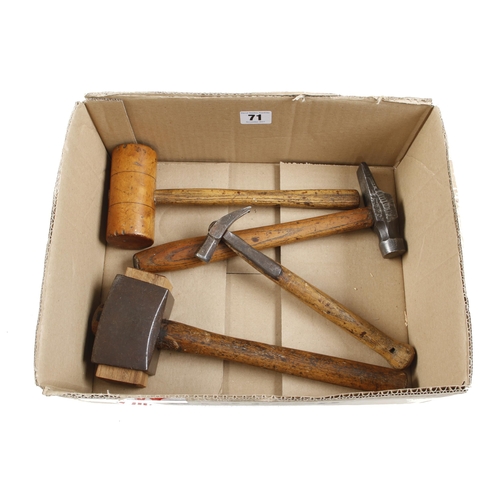 71 - Two mallets a hammer by BRADES and a strapped hammer marked Burton G