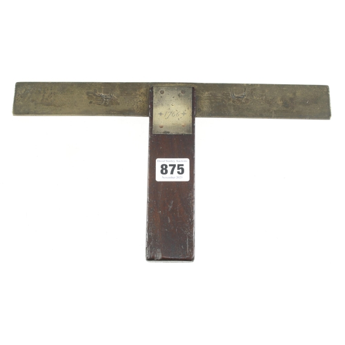 875 - An unusual, 18c mahogany and brass T square dated 1766 with Fleur de Lys decoration, dead right! G