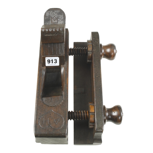 913 - A 19c Austrian skew mouth fillister with screwstem adjustable fence with carved decoration, the iron... 