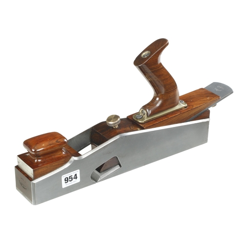 A unique "Presentation" d/t steel mitre/rebate plane by NORRIS London measuring 13 1/2" x 2 1/4" with figured rosewood infill and adjustable handle,  previously sold in Tony Murland's 2006 auction Lot 496 with the following description (which would be difficult to improve on!) 
In June 1941 an 18yr old apprentice cabinetmaker Mr L.F.Gillett of Stratford-on-Avon won first prize in the Amalgamated Society of Woodworkers (A.S.W.) annual competition. The prize was a steel mitre plane. The A.S.W. had commissioned the Norris factory to produce a totally unique plane. Norris exceeded themselves in this challenge and the result is an amazing, adjustable handled, rebating mitre plane marked NORRIS London Patent Adjustable.
A silver plaque on the front of the plane is inscribed A.S.W. Apprentice Competition 1st Prize Bro. L.F.Gillett Stratford-on Avon 1941
The plane also exhibits two other features unique to previous Norris planes i.e. the combined handle and wedge is removed by loosening a brass knob, there is then the facility to adjust the handle laterally with a screw on the underside of the wedge.
The handle can also be tilted by adjusting a screw at the base of the handle.
A similar Norris plane was sold in our Catalogue No 52 Sept 2008 Lot 1075 for £16,000 These were the only two planes of this type produced by Thomas Norris F